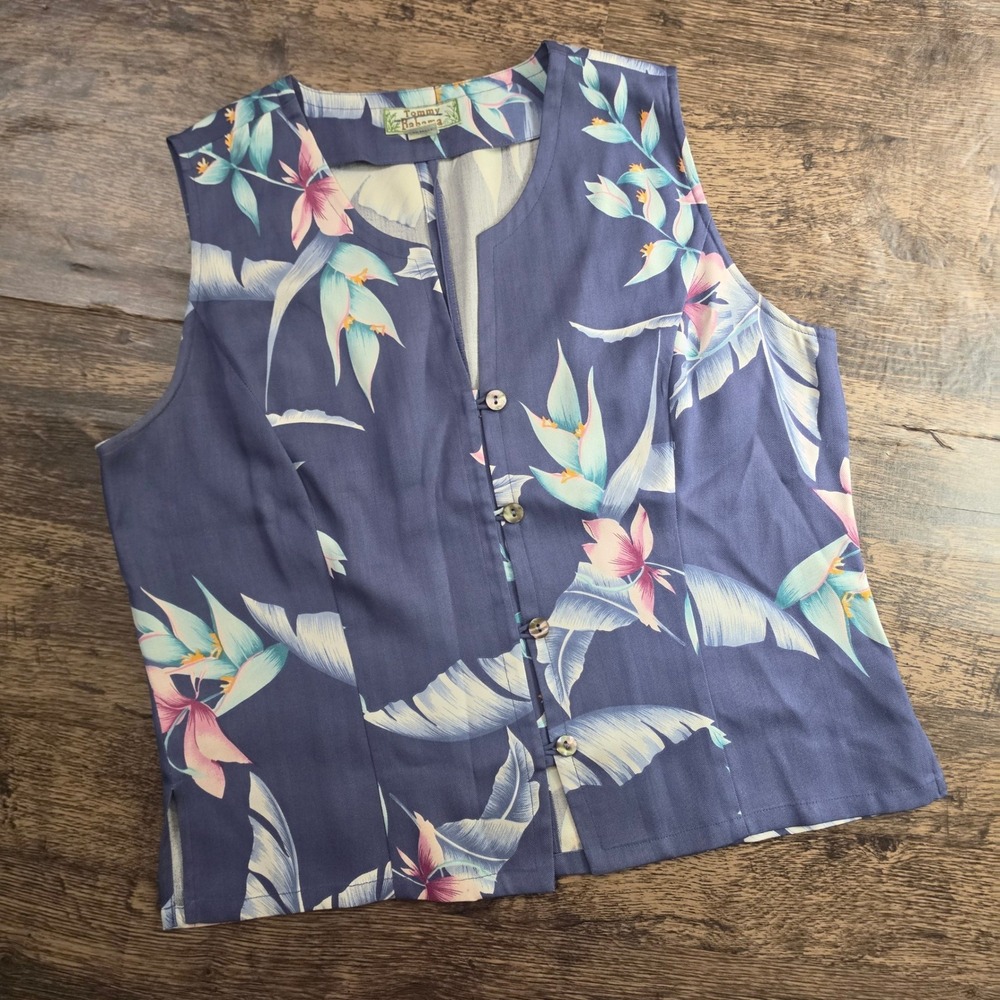 TOMMY BAHAMA Silk Vest Womens Medium Blue Tropical Floral Palm Print Sleeveless